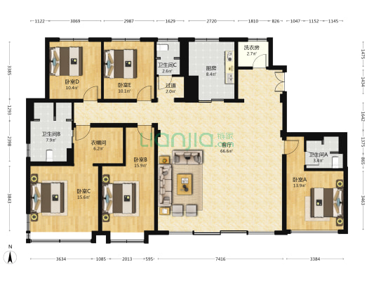 圆明天颂 5室1厅3卫 235平方