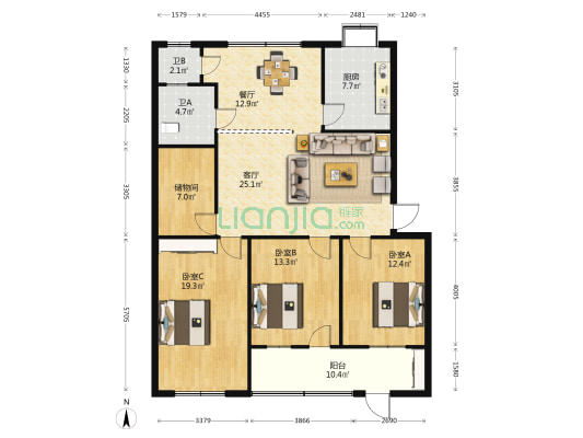 襄阳市中心医院高职楼 3室2厅2卫 139平方