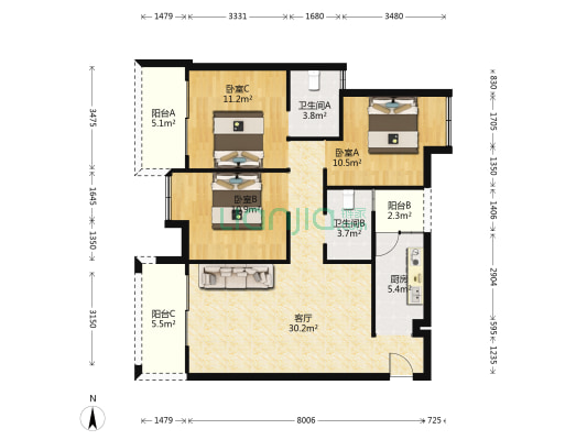北城一号1期 3室1厅2卫 105平方