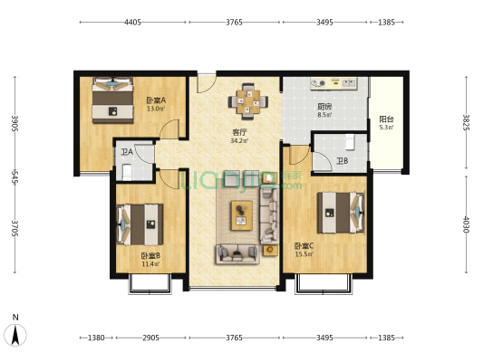 达翰钱隆公馆 3室1厅2卫 110平方