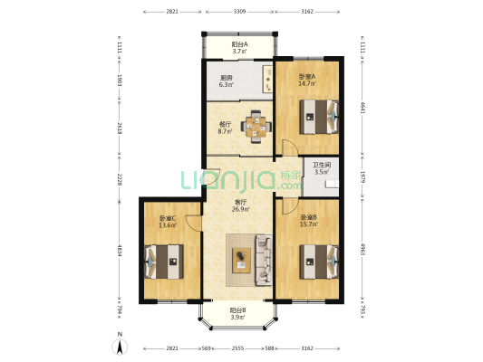 延河雅居 3室2厅1卫 128平方
