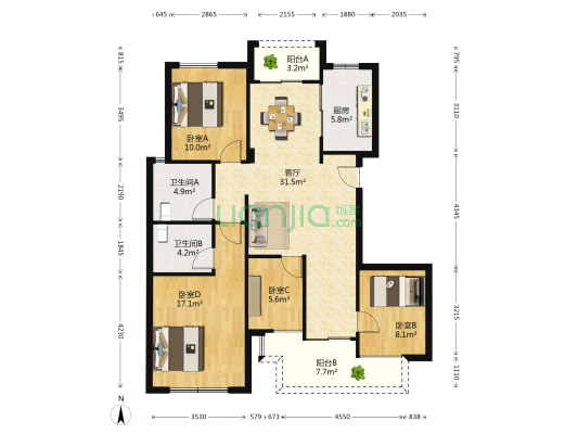 海棠公寓 4室1厅2卫 124平方