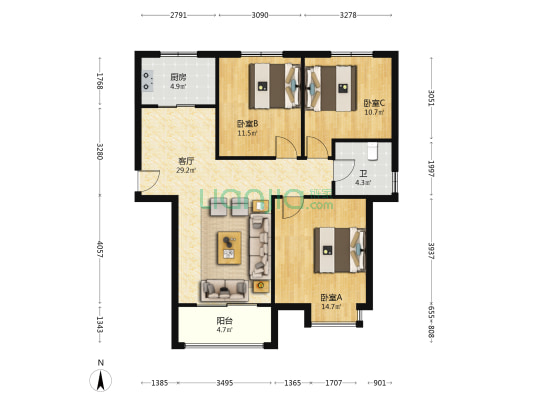 紫蓬镇繁华大道与规划中心街交口森林大道安置点 3室1厅1卫 106平方