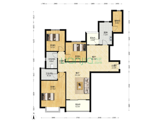 恒大中央广场A区 3室2厅2卫 149平方