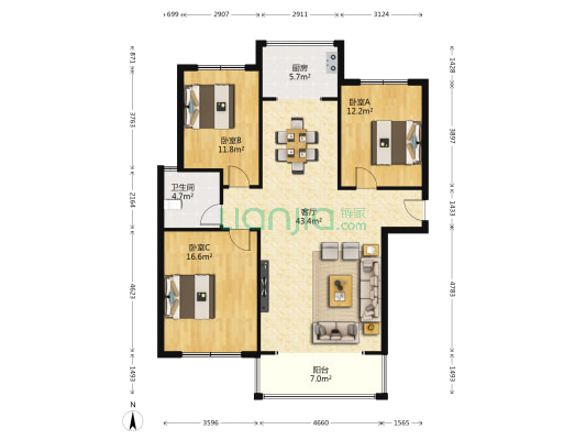 东方天澍花园 3室1厅1卫 142平方