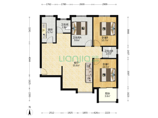 精装三居南北通透，拎包入住，诚意出售，价格可议-户型图