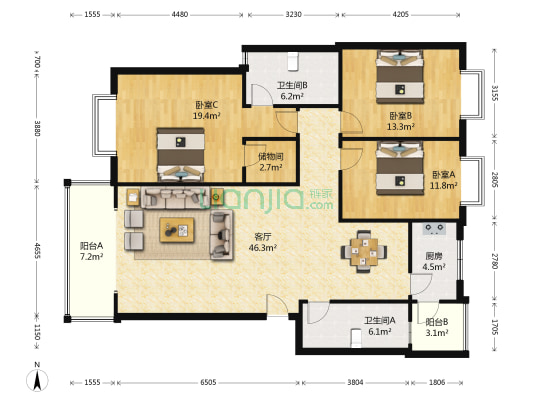 经典魅力 3室1厅2卫 129平方