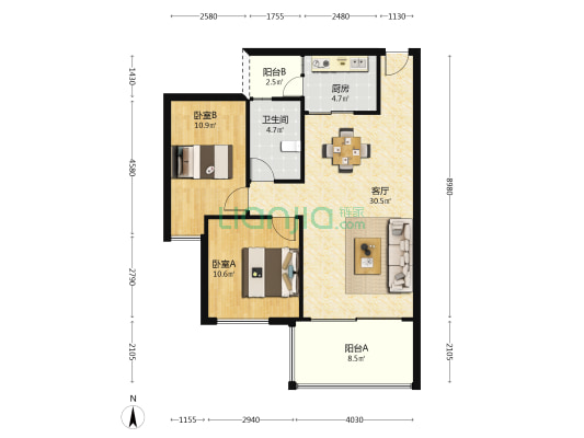 阳光雅居 2室1厅1卫 84平方