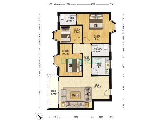 东方半岛花园A区 3室1厅2卫 94平方