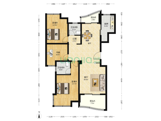 东港花苑 3室1厅2卫 136平方