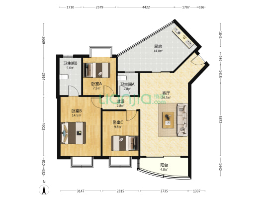水木香榭  3室1厅2卫 105平方