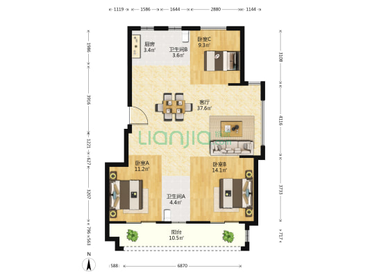 香湖丹堤花园3期 3室1厅2卫 107平方