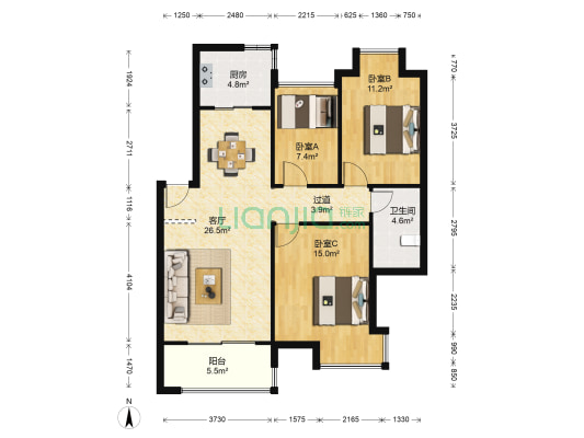 丝宝·叠翠园二期 3室1厅1卫 93平方