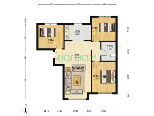 高铁新干线 南北通透三居 带装修 看房方便-户型图