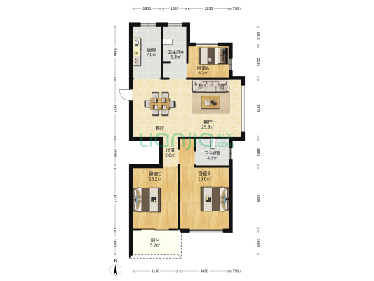 江畔名邸 3室1厅2卫 108平方