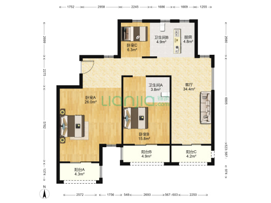 裕嘉小区 3室1厅2卫 138平方