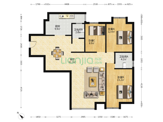 金联御林园 3室1厅2卫 130平方