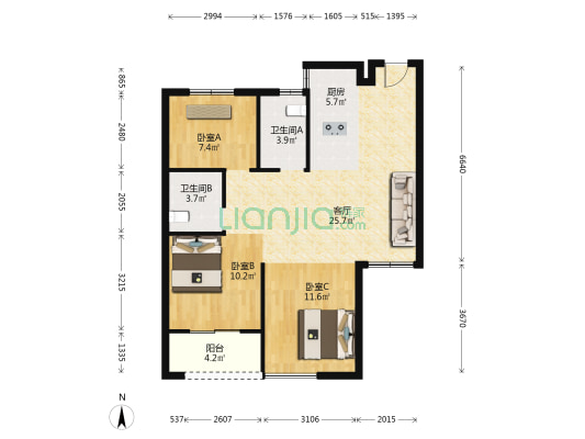 望荣锦苑 3室1厅2卫 97平方