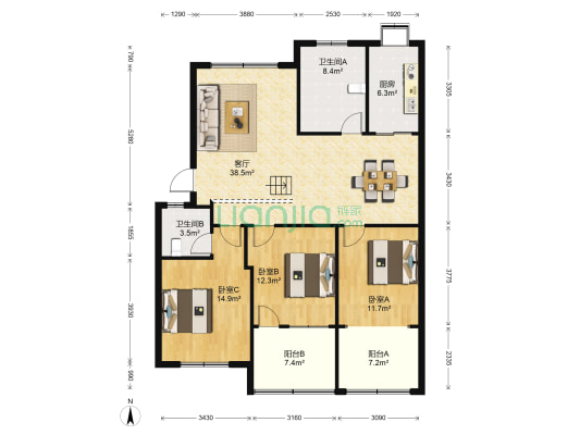 中建三局宿舍 3室1厅2卫 126平方