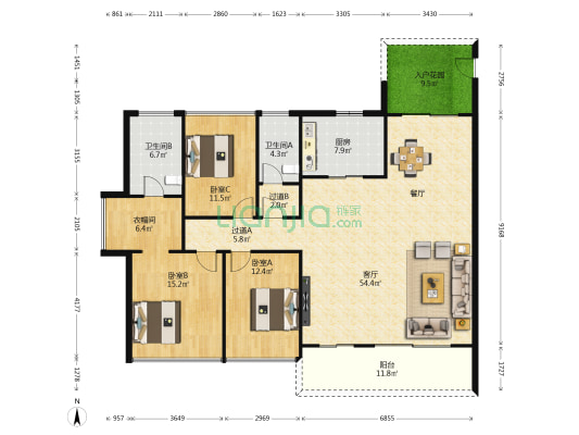 金地壹阅府 3室1厅2卫 184平方