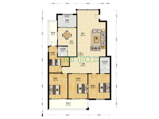 锦江花园二区 4室2厅2卫 177平方