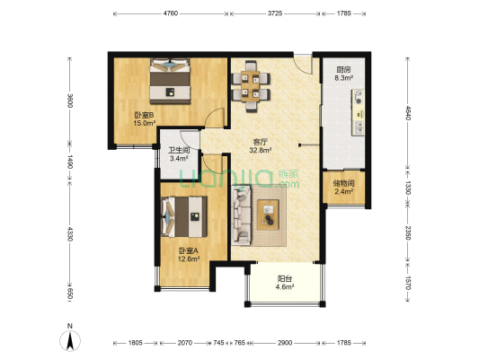 北辰三角洲奥城E5区 2室1厅1卫 94平方