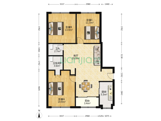 安盛路一百三十三弄 3室1厅2卫 106平方