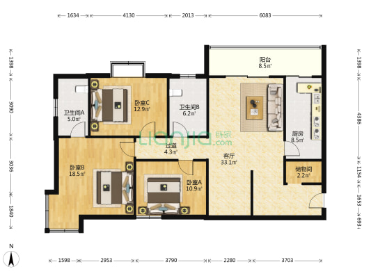 经八路2号 3室1厅2卫 148平方
