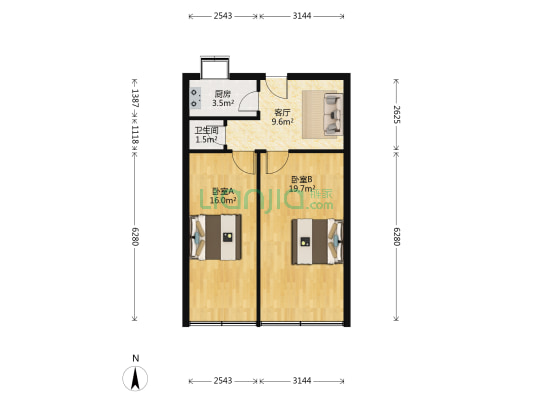 粮道街222号 2室1厅1卫 60平方
