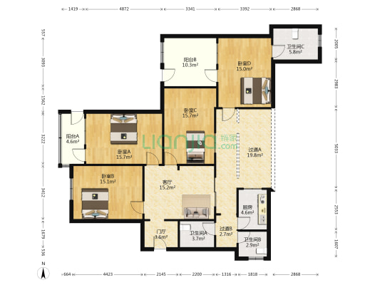老干部大学宿舍楼 4室1厅3卫 119平方
