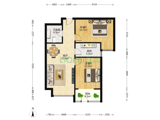 尚金苑 2室1厅1卫 93平方