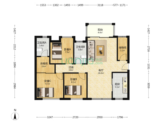 华盛圆坊都荟二期 3室1厅2卫 89平方