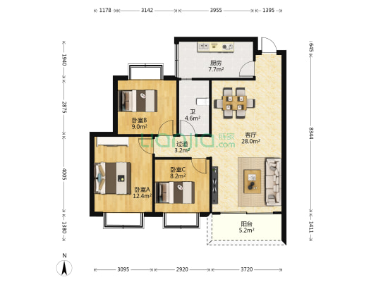 鑫瑞康居 3室1厅1卫 94平方