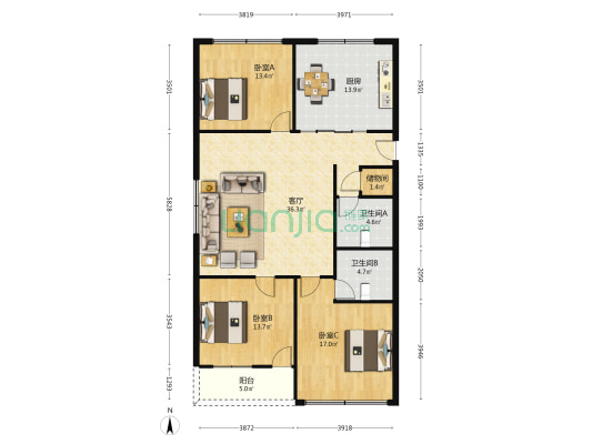 商贸路小区 3室1厅2卫 132平方