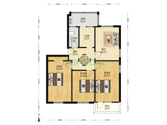 黄河路88号院 3室2厅1卫 98平方