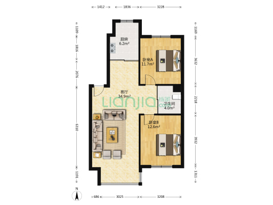 幸福阳光 2室1厅1卫 86平方