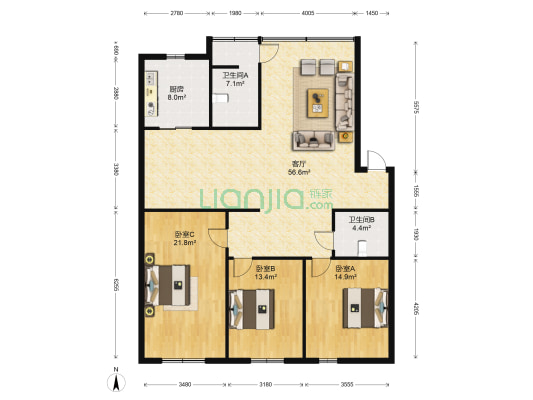 申华花园小区 3室1厅2卫 140平方