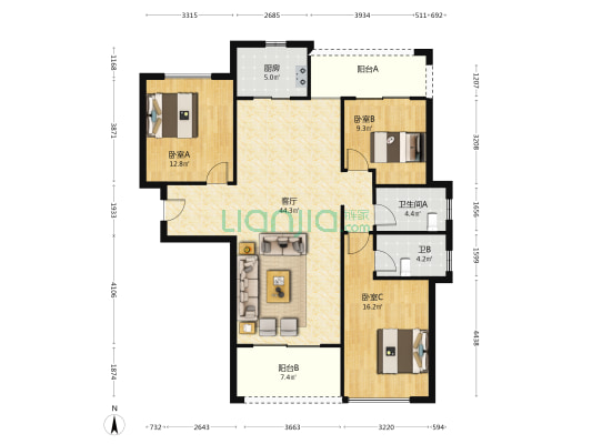 远望一号花园 3室1厅2卫 128平方