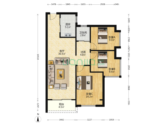 海德花园 3室1厅1卫 100平方