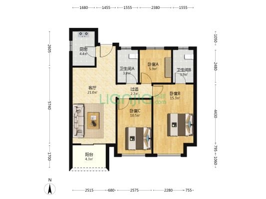 朗悦公园府悦桐苑 3室1厅2卫 98平方
