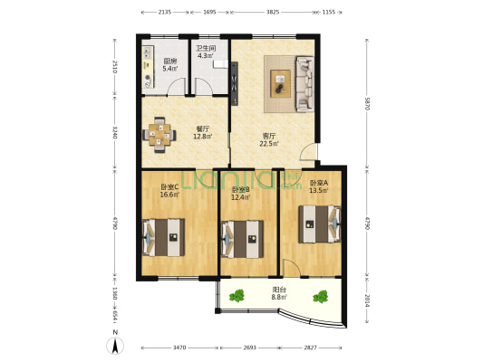 春秋花园 3室2厅1卫 120平方