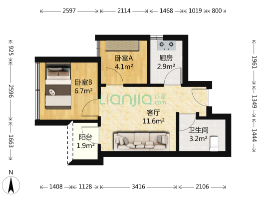 佳华领域广场 2室1厅1卫 48平方