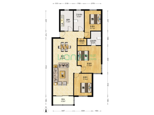 书香名第 3室1厅2卫 126平方
