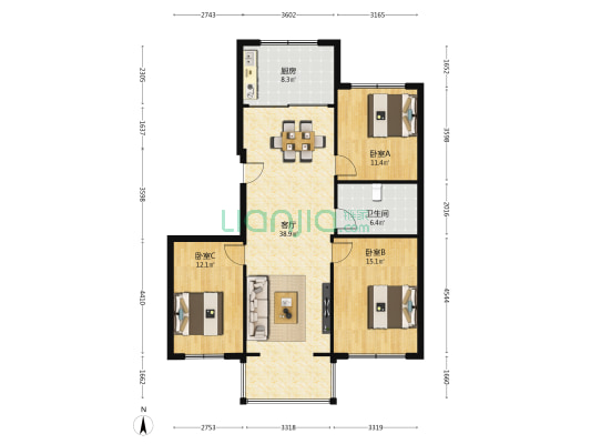 连铝花苑 3室1厅1卫 116平方