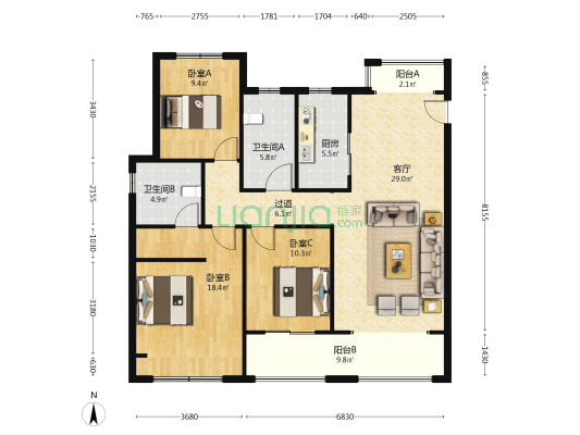 东站前府一期南苑 3室1厅2卫 131平方
