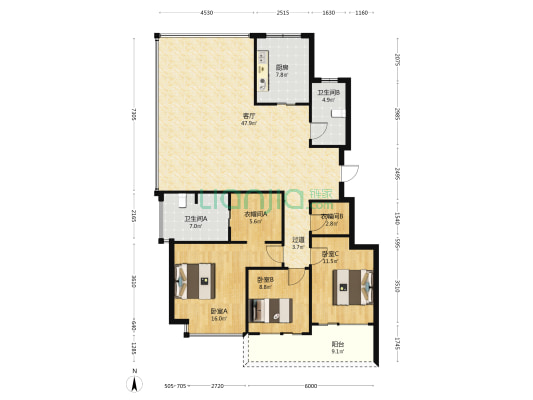 新湖金色池塘 3室1厅2卫 136平方