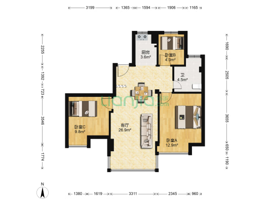 乐筑良品园 3室1厅1卫 90平方