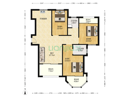 中南御锦城二区 3室1厅2卫 117平方
