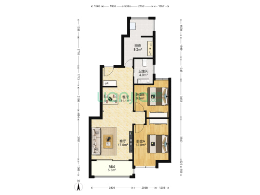 君逸公馆 2室2厅1卫 91平方