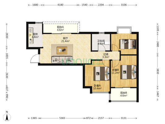 玫瑰湾小区 3室1厅1卫 88平方